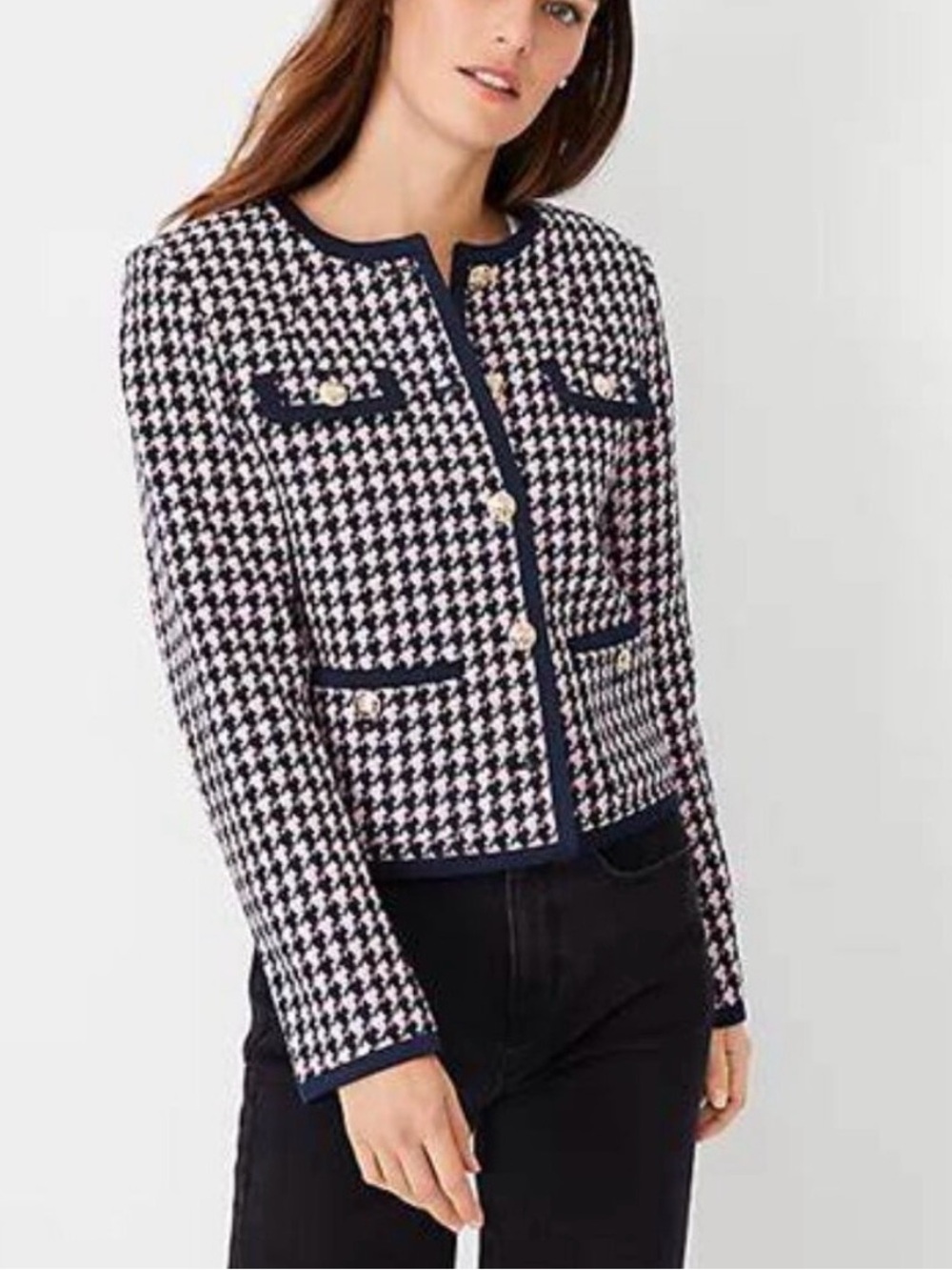 NWT Ann Taylor Houndstooth Framed Crew Neck Jacket 4 Navy Pink Gold Buttons